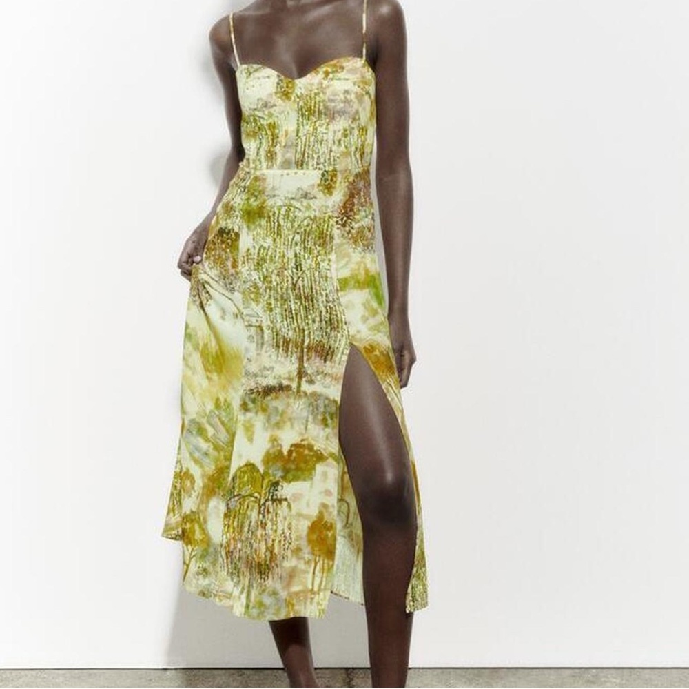 Zara Green and Brown Midi Dress - Picture 3 of 4